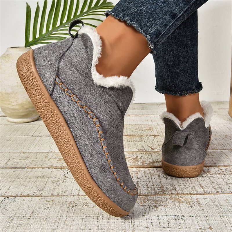 Fashion V-cut Plush Ankle Boots Winter Plus Velvet Flat Snow Boot Casual Warm Solid Suede Cotton Shoes For Wom
