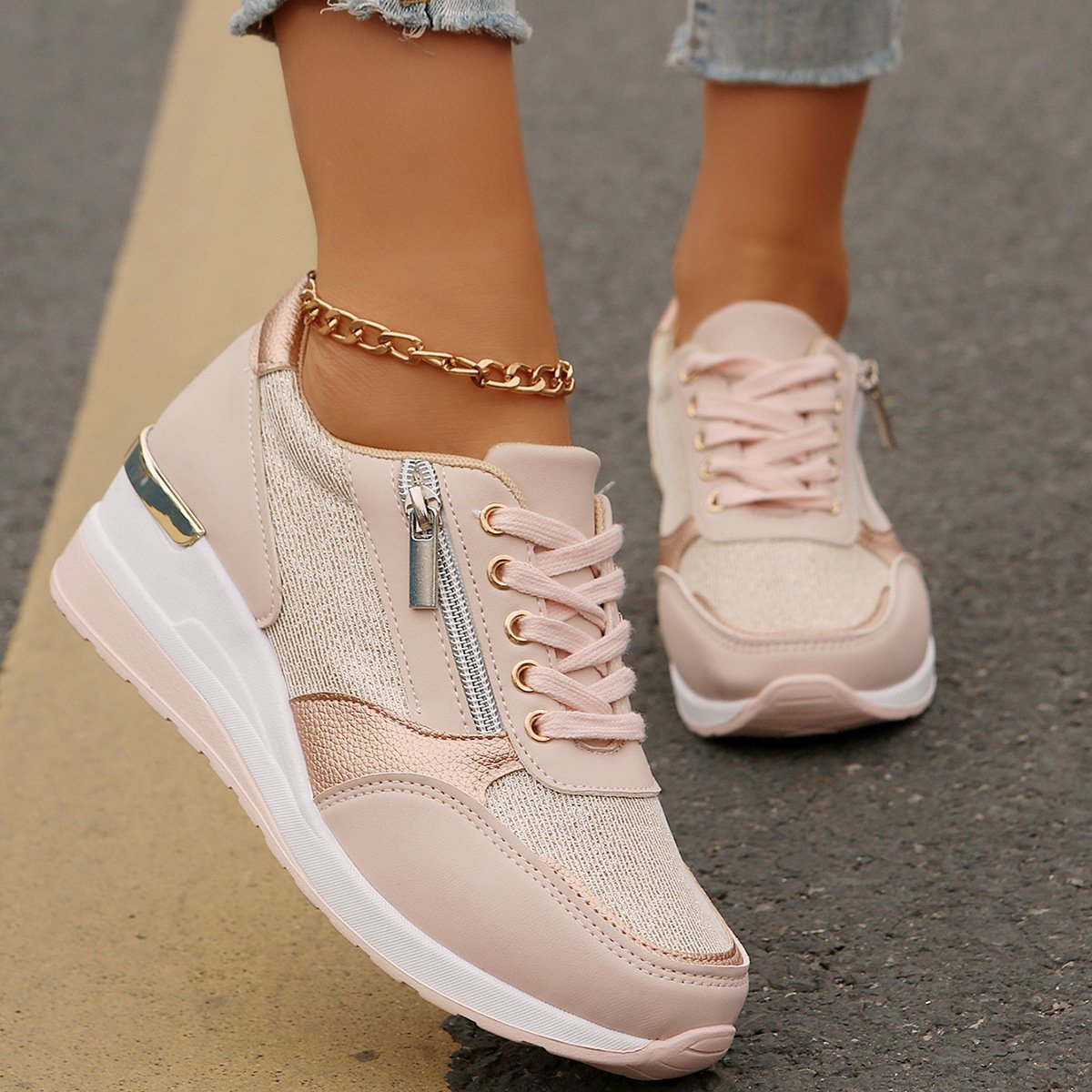 Women's Lace-up Casual Shoes FFashion Side Zipper Design Thick-soled Shoes Walking Running Sports Sneakers