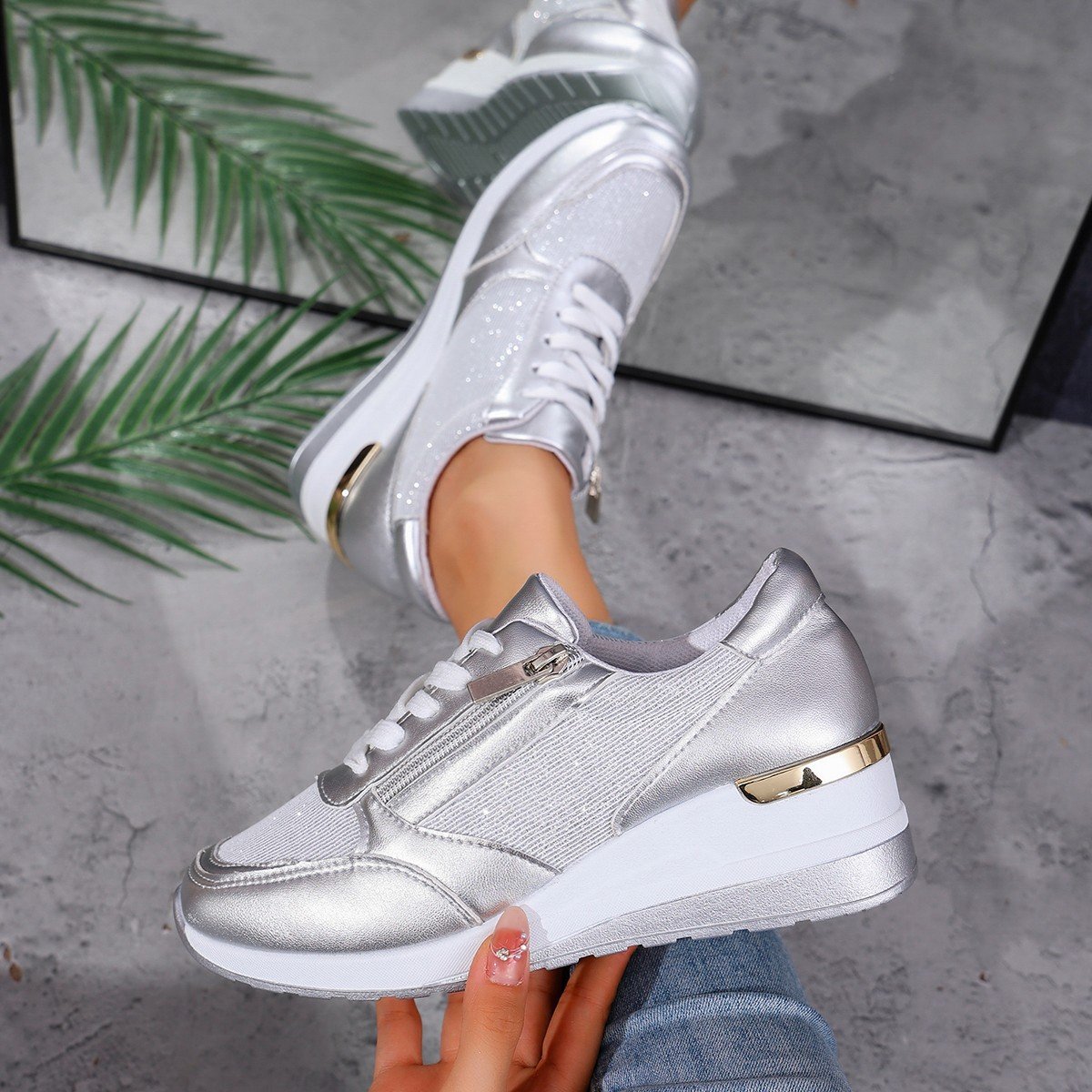 Women's Lace-up Casual Shoes FFashion Side Zipper Design Thick-soled Shoes Walking Running Sports Sneakers