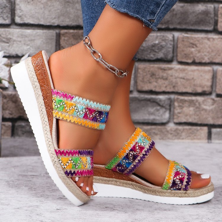 Fashion Wavy Pattern Woven Sandals Summer Casual Ethnic Style Slippers Linen Bottom Wide Strap Wedges Shoes Fo