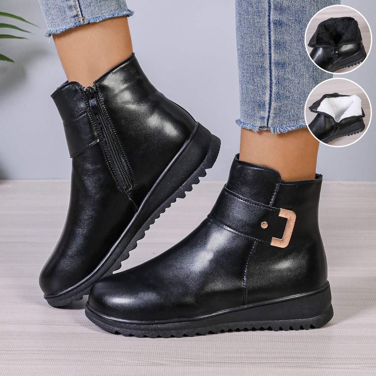Winter Fleece Boots With Side Zipper Design Fashion Simple Non-slip Ankle Boots For Women Warm Pu Leather Shoe
