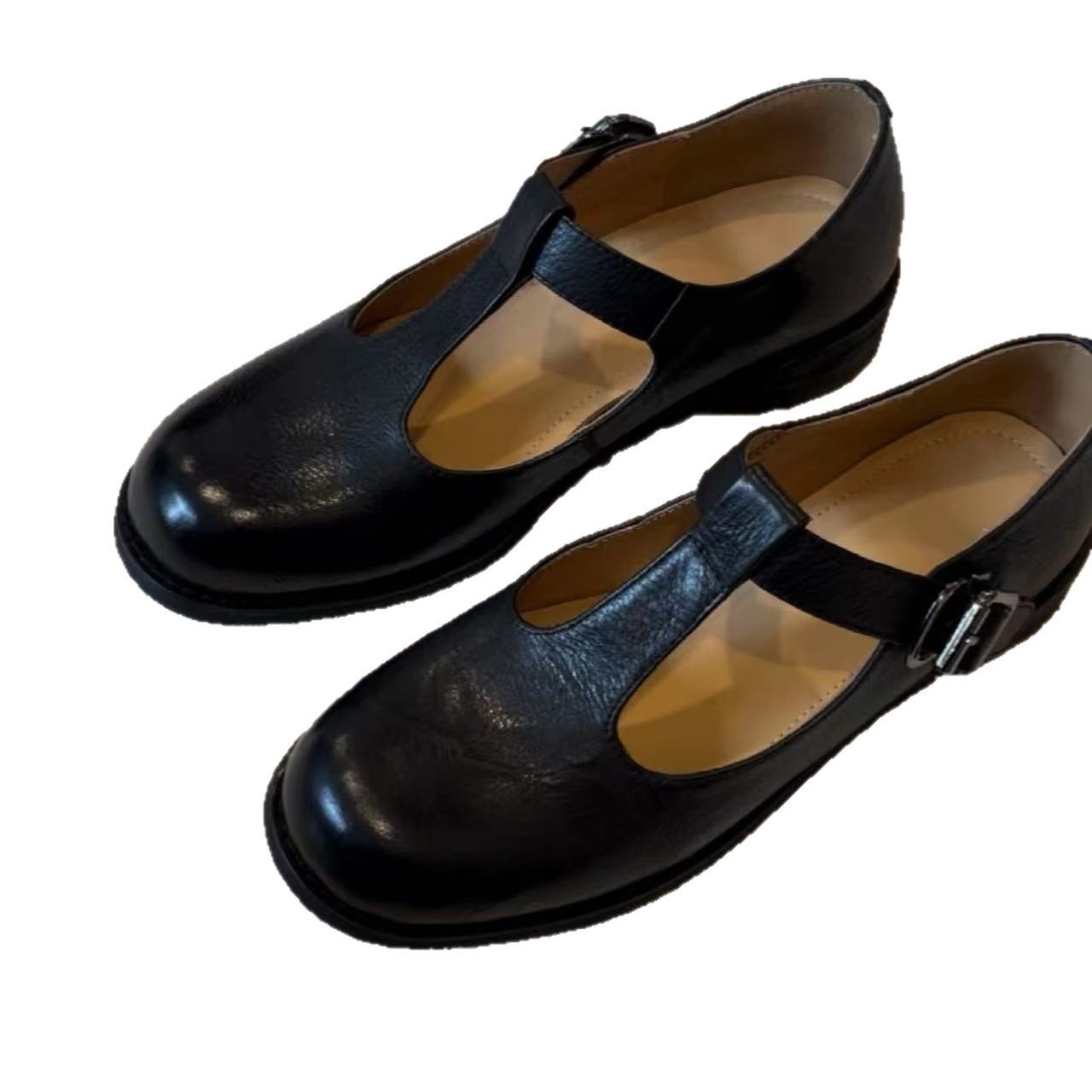Round-toe Mid-heel T-strap Chunky-heeled Mary Jane Leather Shoes