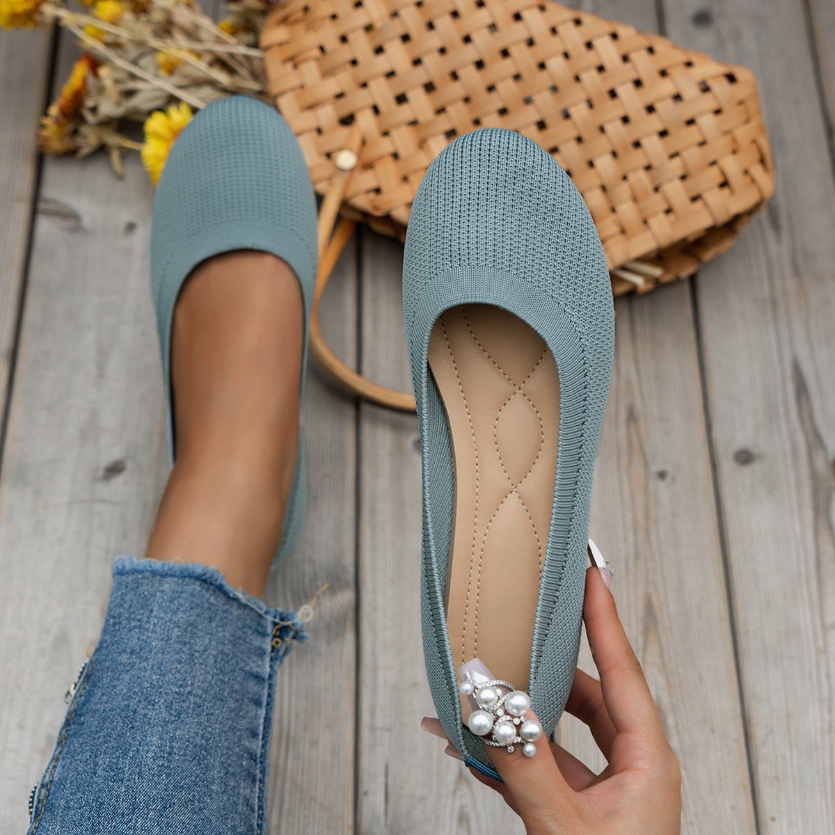 Round Toe Flats Shoes Casual Comfortable Soft Slip On Knit Mesh Shoes For Women