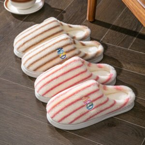 Ins Plush Striped Slippers Winter Warm Letter Embroidered Shoes Fashion Floor Bedroom Home Slipper For Women M