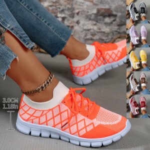 Colorblock Plaid Lace-Up Flyknit Sneakers Ins Mesh Casual Shoes Fashion Breathable Walking Running Sports Shoe