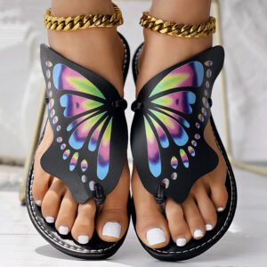 Butterfly Print Round Toe Flip Flops, Comfortable Summer Beach Shoes, Casual Women's Footwear, Perfect For Poo