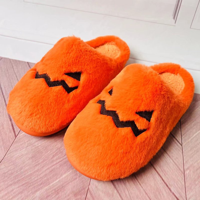 Cute Halloween Pumpkin Slippers Winter Warm Plush Bedroom Floor Home Slippers Casual Slip On Comfortable Cozy