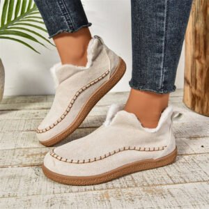 Fashion V-cut Plush Ankle Boots Winter Plus Velvet Flat Snow Boot Casual Warm Solid Suede Cotton Shoes For Wom