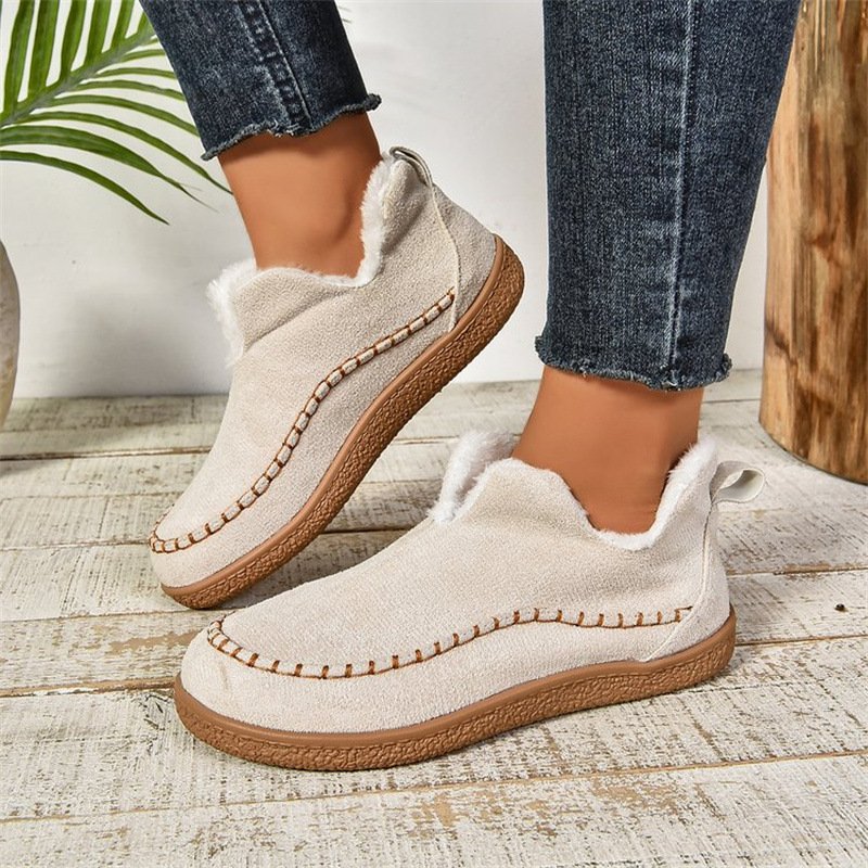 Fashion V-cut Plush Ankle Boots Winter Plus Velvet Flat Snow Boot Casual Warm Solid Suede Cotton Shoes For Wom