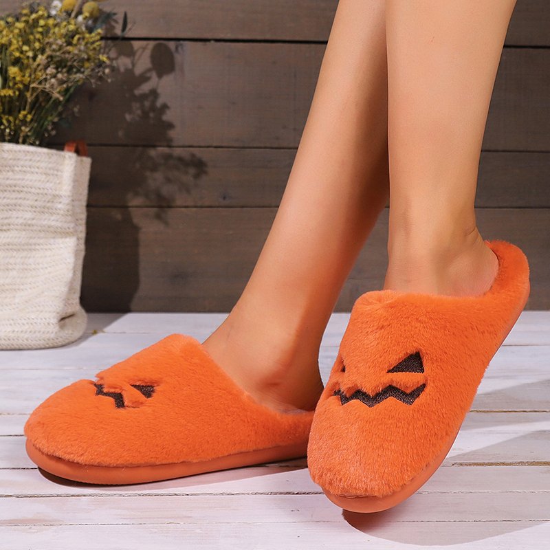Cute Halloween Pumpkin Slippers Winter Warm Plush Bedroom Floor Home Slippers Casual Slip On Comfortable Cozy