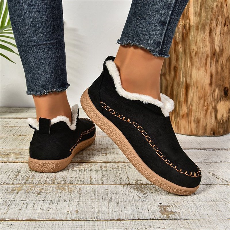Fashion V-cut Plush Ankle Boots Winter Plus Velvet Flat Snow Boot Casual Warm Solid Suede Cotton Shoes For Wom