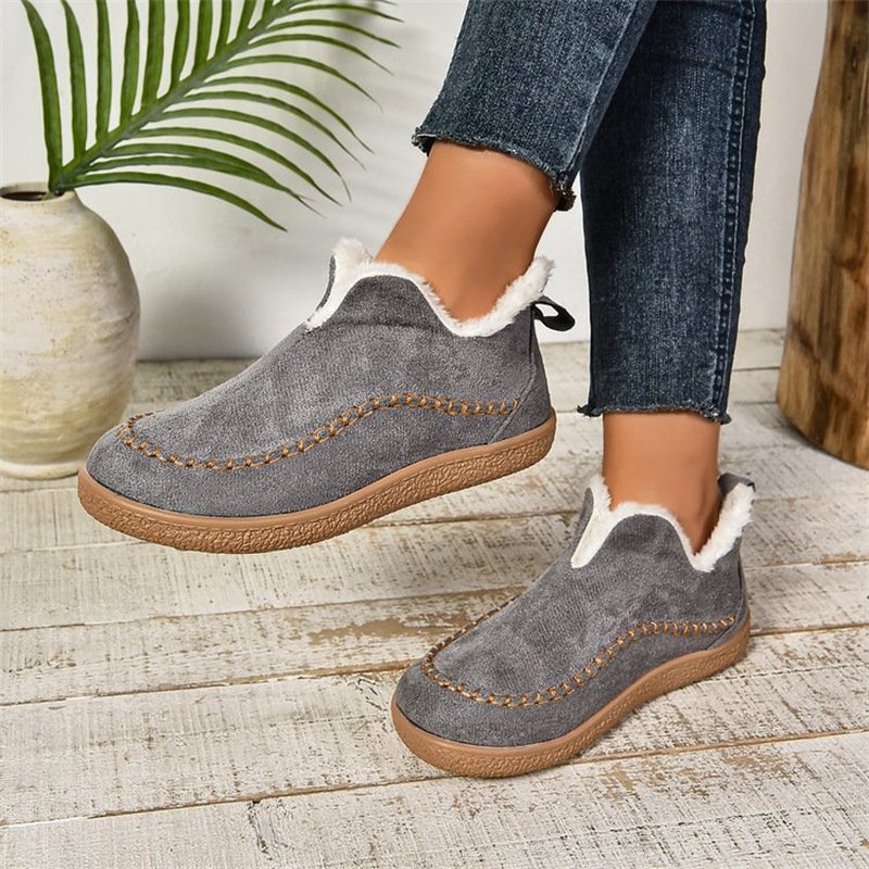 Fashion V-cut Plush Ankle Boots Winter Plus Velvet Flat Snow Boot Casual Warm Solid Suede Cotton Shoes For Wom