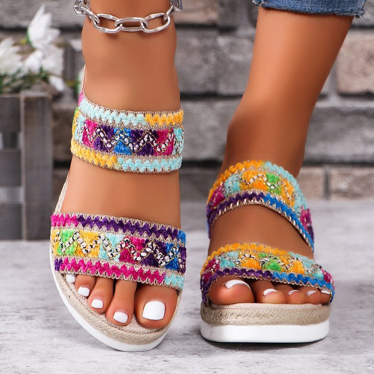 Fashion Wavy Pattern Woven Sandals Summer Casual Ethnic Style Slippers Linen Bottom Wide Strap Wedges Shoes Fo