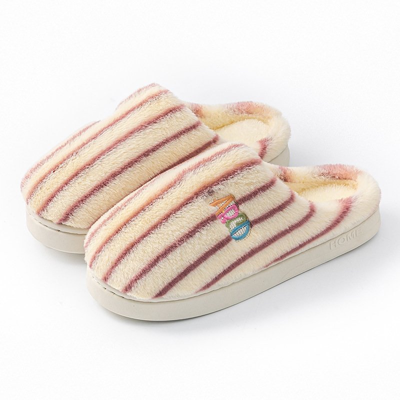 Ins Plush Striped Slippers Winter Warm Letter Embroidered Shoes Fashion Floor Bedroom Home Slipper For Women M