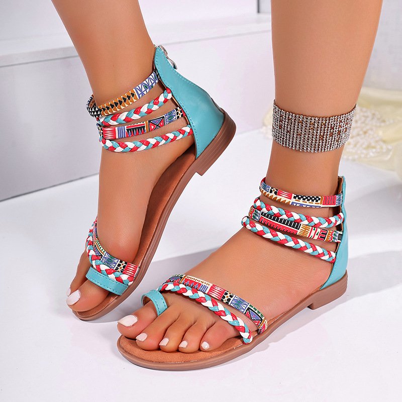 Ethnic Style Flat Sandals Summer Clip Toe Colorful Weave-straped Shoes With Back Zipper Women's Bohemian Beach