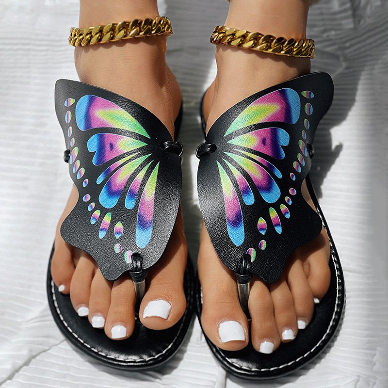 Butterfly Print Round Toe Flip Flops, Comfortable Summer Beach Shoes, Casual Women's Footwear, Perfect For Poo