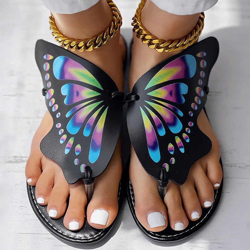 Butterfly Print Round Toe Flip Flops, Comfortable Summer Beach Shoes, Casual Women's Footwear, Perfect For Poo