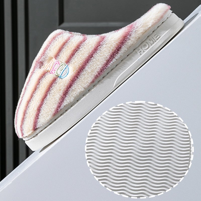 Ins Plush Striped Slippers Winter Warm Letter Embroidered Shoes Fashion Floor Bedroom Home Slipper For Women M