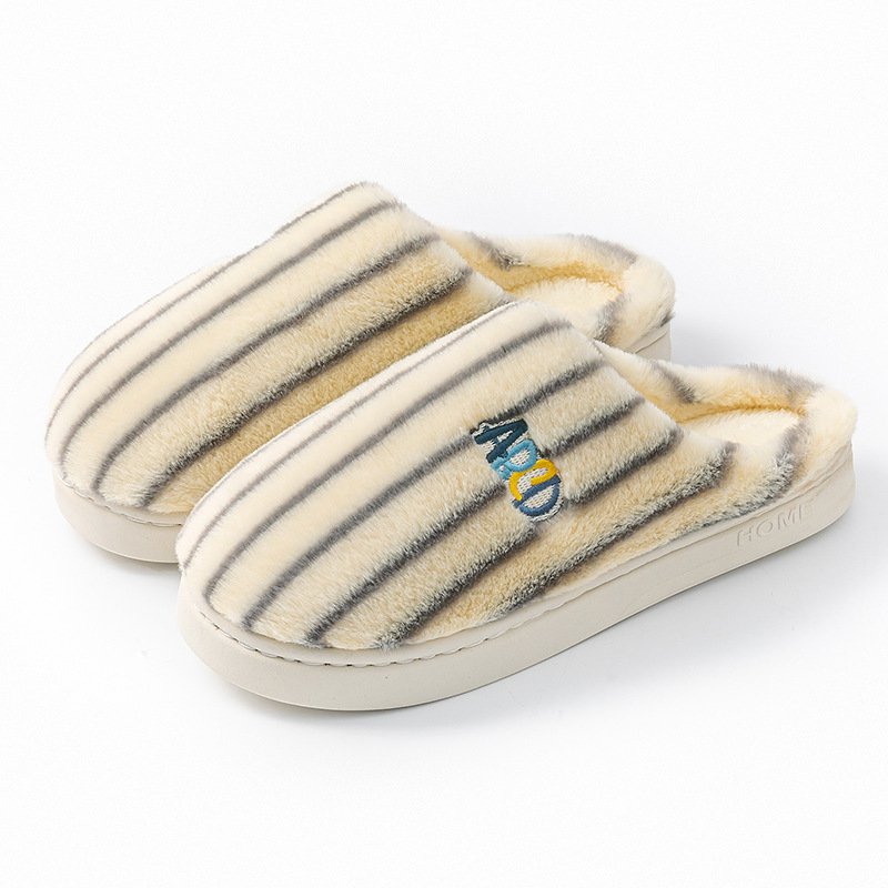 Ins Plush Striped Slippers Winter Warm Letter Embroidered Shoes Fashion Floor Bedroom Home Slipper For Women M
