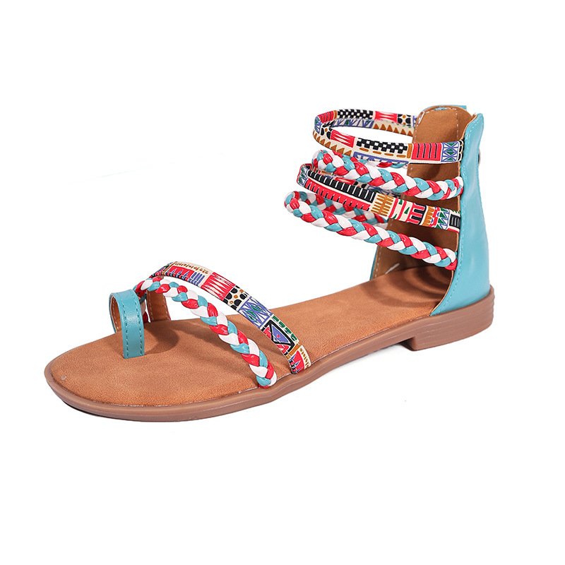 Ethnic Style Flat Sandals Summer Clip Toe Colorful Weave-straped Shoes With Back Zipper Women's Bohemian Beach