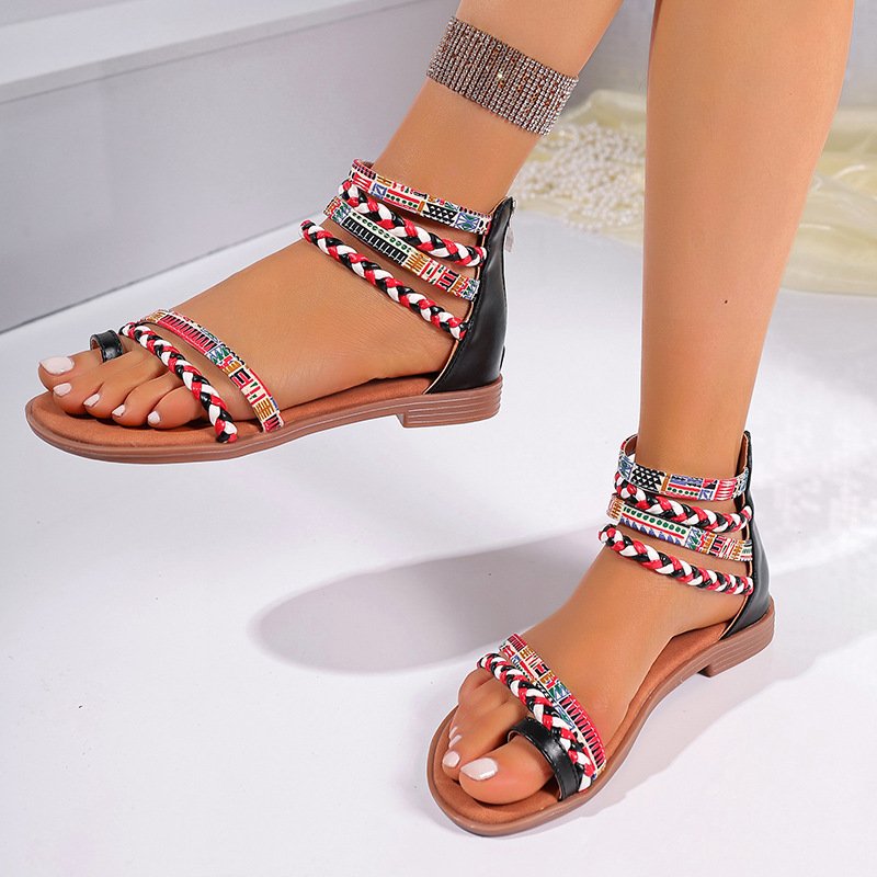 Ethnic Style Flat Sandals Summer Clip Toe Colorful Weave-straped Shoes With Back Zipper Women's Bohemian Beach