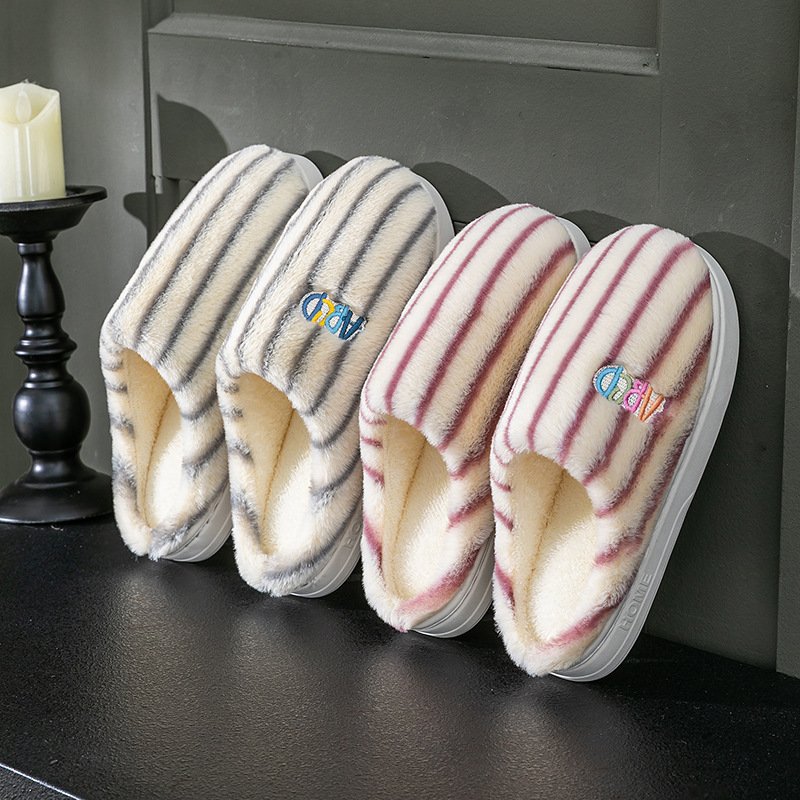 Ins Plush Striped Slippers Winter Warm Letter Embroidered Shoes Fashion Floor Bedroom Home Slipper For Women M
