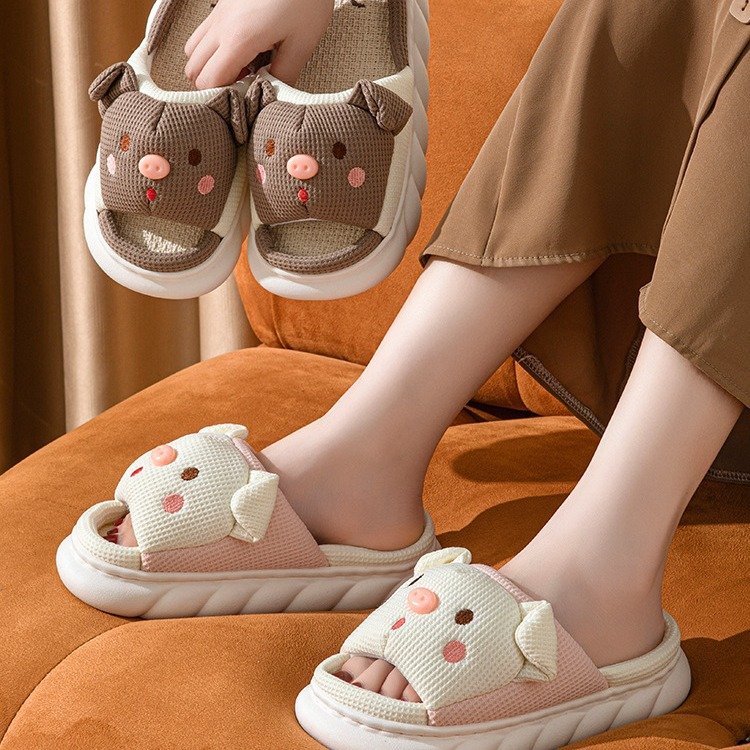 Cute Piggy Slippers Open Toe Linen Home Slipper Couples Women Men Cartoon Pig House Shoes