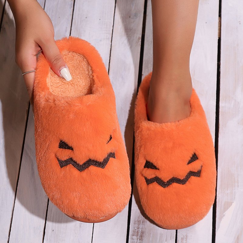 Cute Halloween Pumpkin Slippers Winter Warm Plush Bedroom Floor Home Slippers Casual Slip On Comfortable Cozy