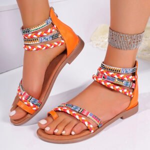 Ethnic Style Flat Sandals Summer Clip Toe Colorful Weave-straped Shoes With Back Zipper Women's Bohemian Beach