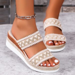 Fashion Wavy Pattern Woven Sandals Summer Casual Ethnic Style Slippers Linen Bottom Wide Strap Wedges Shoes Fo