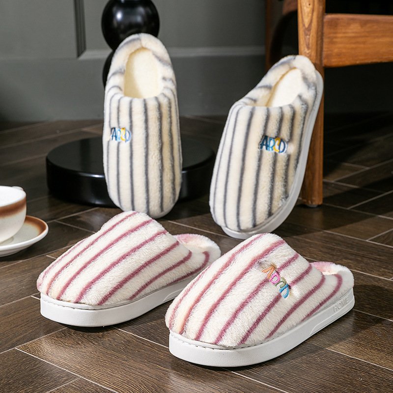 Ins Plush Striped Slippers Winter Warm Letter Embroidered Shoes Fashion Floor Bedroom Home Slipper For Women M