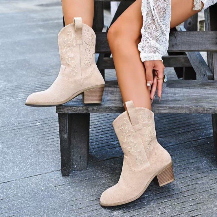Pointed Toe Western Boots Fashion Retro Embroidered Chunky Square-heeled Mid-calf Boot For Women