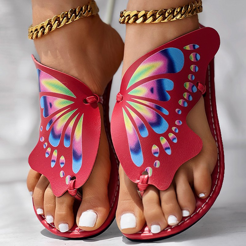 Butterfly Print Round Toe Flip Flops, Comfortable Summer Beach Shoes, Casual Women's Footwear, Perfect For Poo