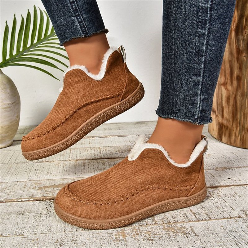 Fashion V-cut Plush Ankle Boots Winter Plus Velvet Flat Snow Boot Casual Warm Solid Suede Cotton Shoes For Wom