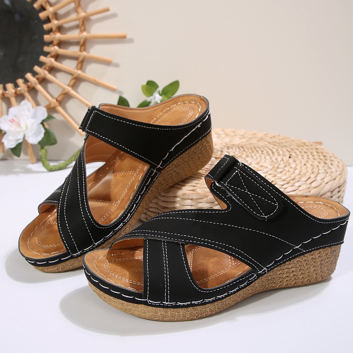 Sewing Line Lightweight Wedge Velcro Multicolor Shoes