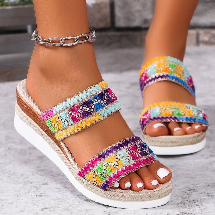 Fashion Wavy Pattern Woven Sandals Summer Casual Ethnic Style Slippers Linen Bottom Wide Strap Wedges Shoes Fo