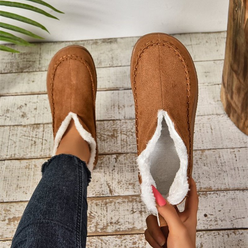 Fashion V-cut Plush Ankle Boots Winter Plus Velvet Flat Snow Boot Casual Warm Solid Suede Cotton Shoes For Wom