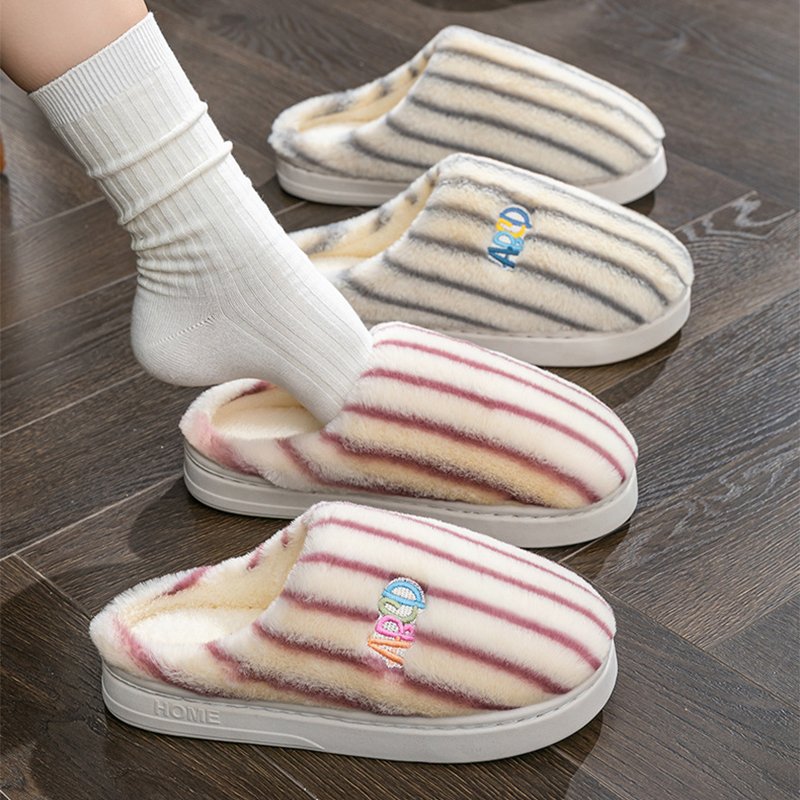 Ins Plush Striped Slippers Winter Warm Letter Embroidered Shoes Fashion Floor Bedroom Home Slipper For Women M