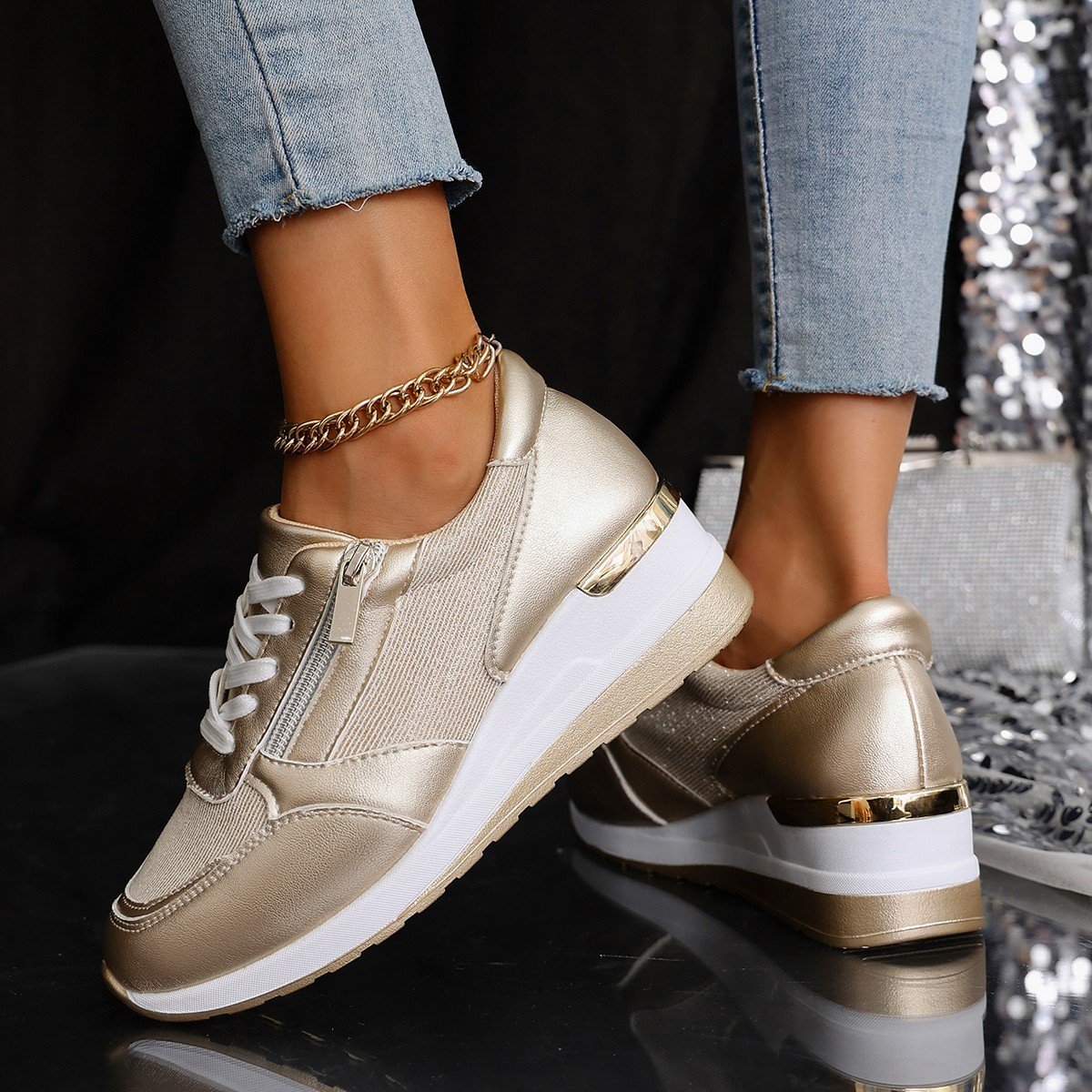 Women's Lace-up Casual Shoes FFashion Side Zipper Design Thick-soled Shoes Walking Running Sports Sneakers