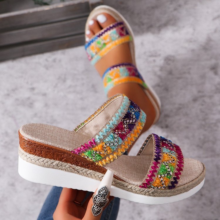 Fashion Wavy Pattern Woven Sandals Summer Casual Ethnic Style Slippers Linen Bottom Wide Strap Wedges Shoes Fo