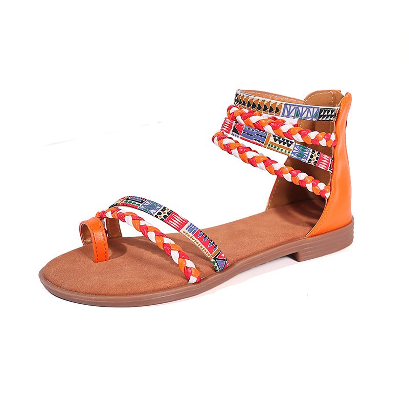 Ethnic Style Flat Sandals Summer Clip Toe Colorful Weave-straped Shoes With Back Zipper Women's Bohemian Beach