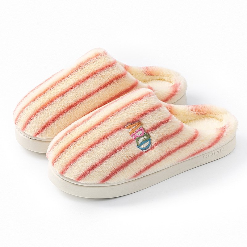Ins Plush Striped Slippers Winter Warm Letter Embroidered Shoes Fashion Floor Bedroom Home Slipper For Women M
