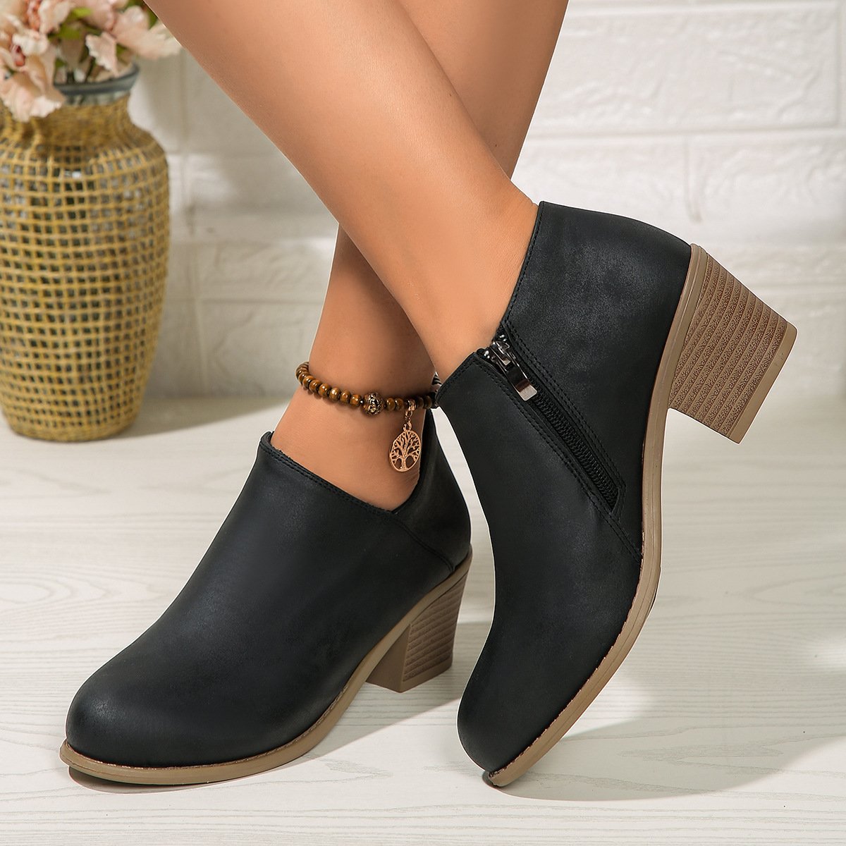 Chunky Heel Round Toe Ankle Boots With Side Zipper Design Fashion Fall Winter Short Boots For Women Shoes - Image 5