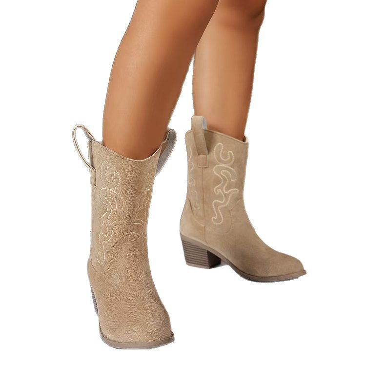 Pointed Toe Western Boots Fashion Retro Embroidered Chunky Square-heeled Mid-calf Boot For Women