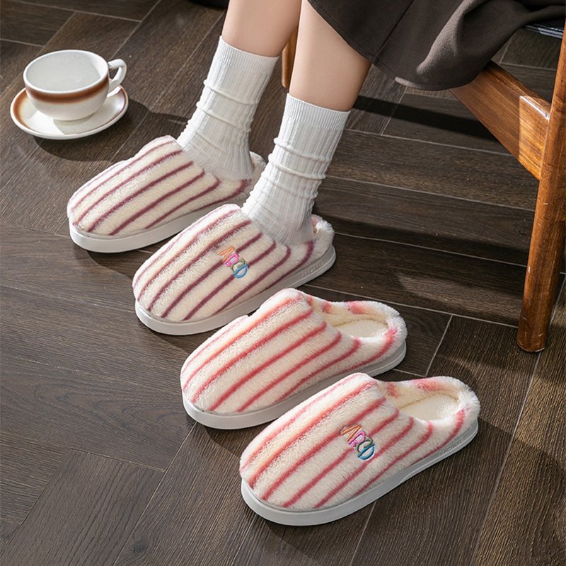 Ins Plush Striped Slippers Winter Warm Letter Embroidered Shoes Fashion Floor Bedroom Home Slipper For Women M