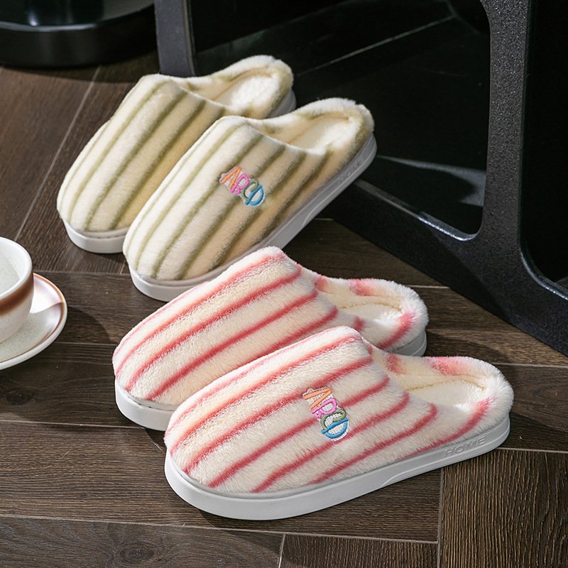 Ins Plush Striped Slippers Winter Warm Letter Embroidered Shoes Fashion Floor Bedroom Home Slipper For Women M