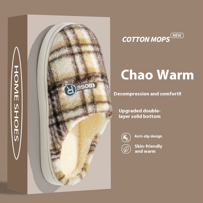 Women's Home Plush Warm Non-slip Plaid Cotton Shoes