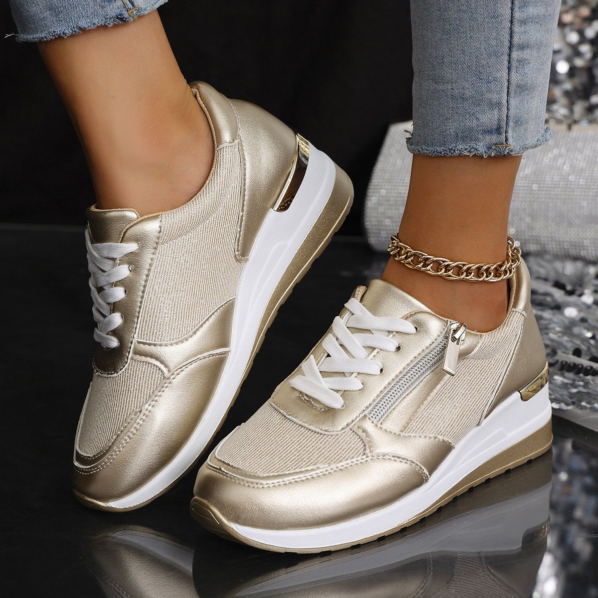 Women's Lace-up Casual Shoes FFashion Side Zipper Design Thick-soled Shoes Walking Running Sports Sneakers