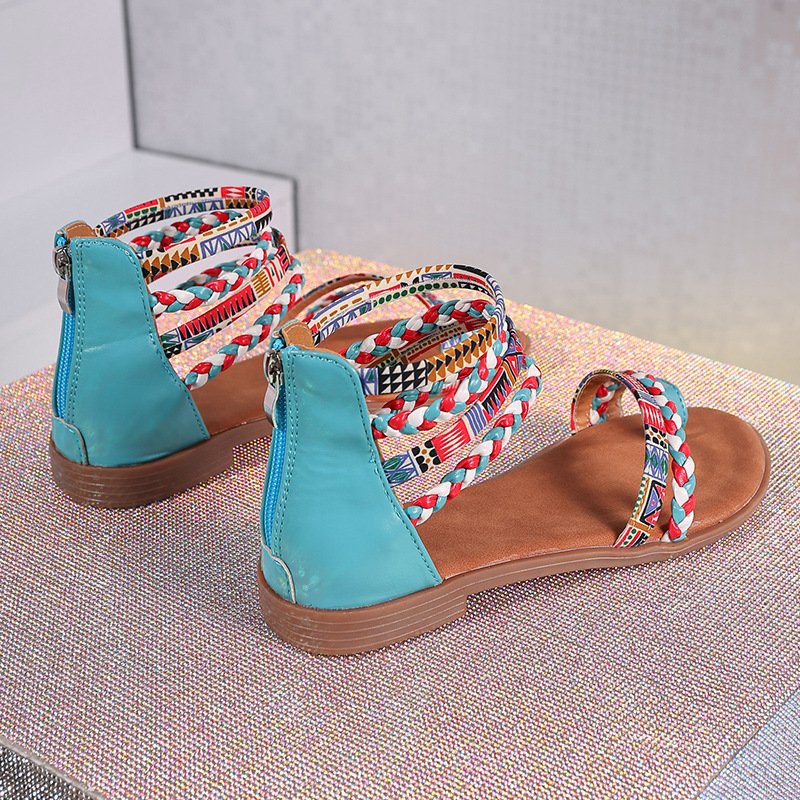 Ethnic Style Flat Sandals Summer Clip Toe Colorful Weave-straped Shoes With Back Zipper Women's Bohemian Beach