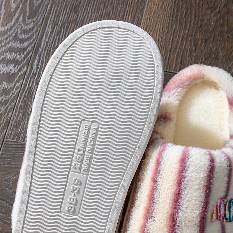 Ins Plush Striped Slippers Winter Warm Letter Embroidered Shoes Fashion Floor Bedroom Home Slipper For Women M